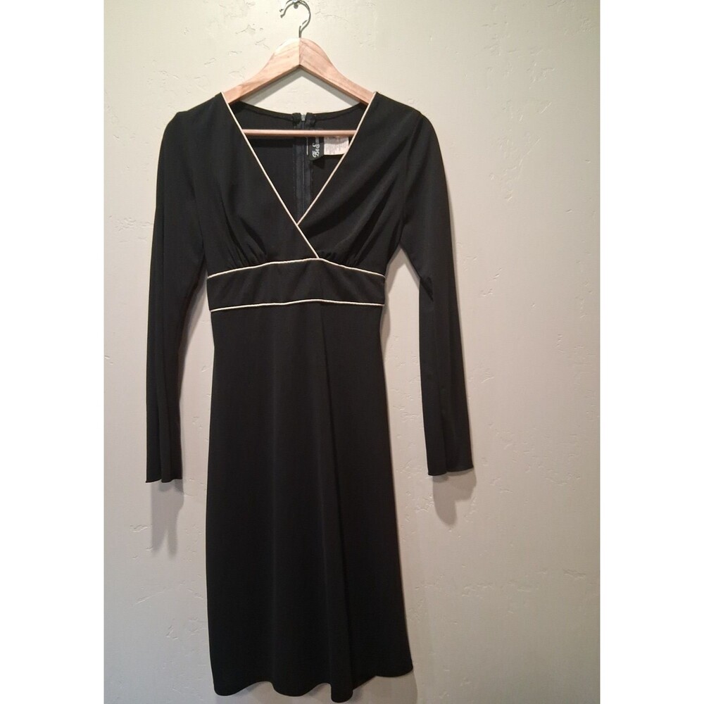 Vtg 90s Black V-Neck Dress White Trim Empire Waist Split Bell Slv Tie 5/6 Goth